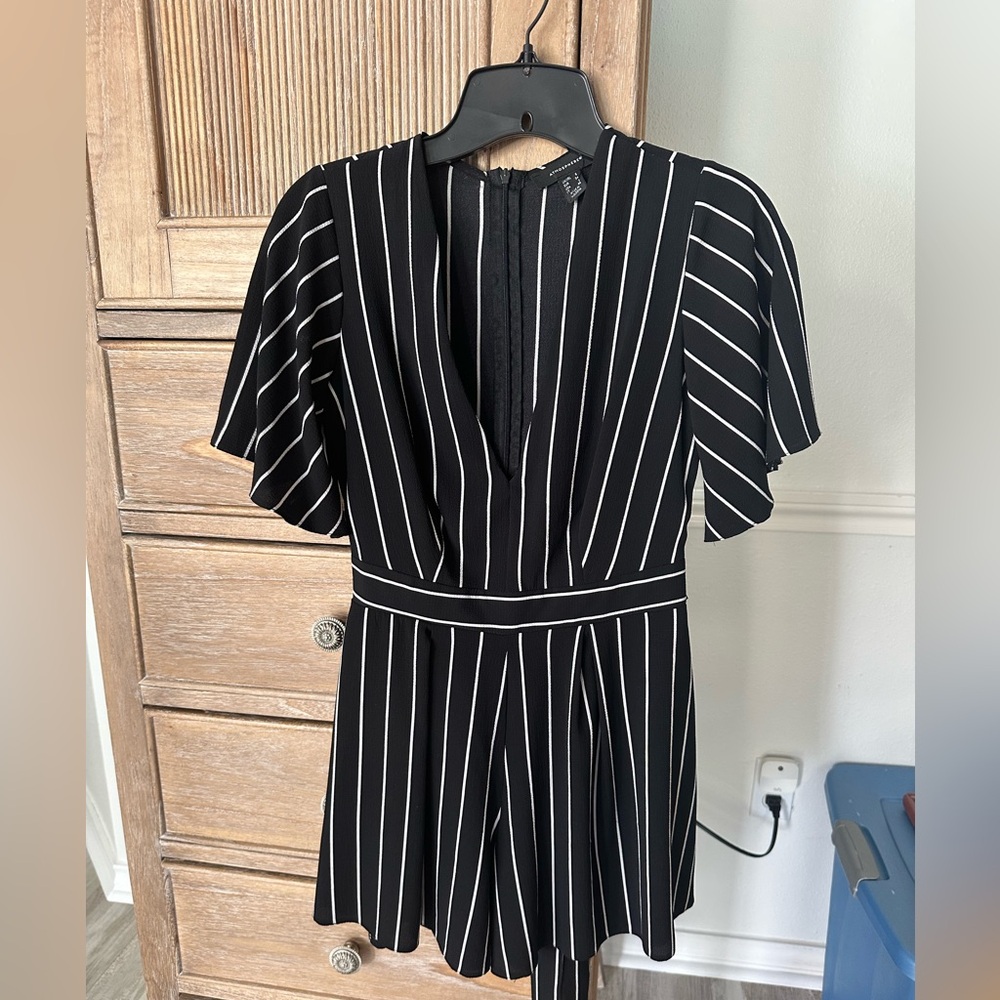 Atmosphere Black and White Striped V-Neck Romper